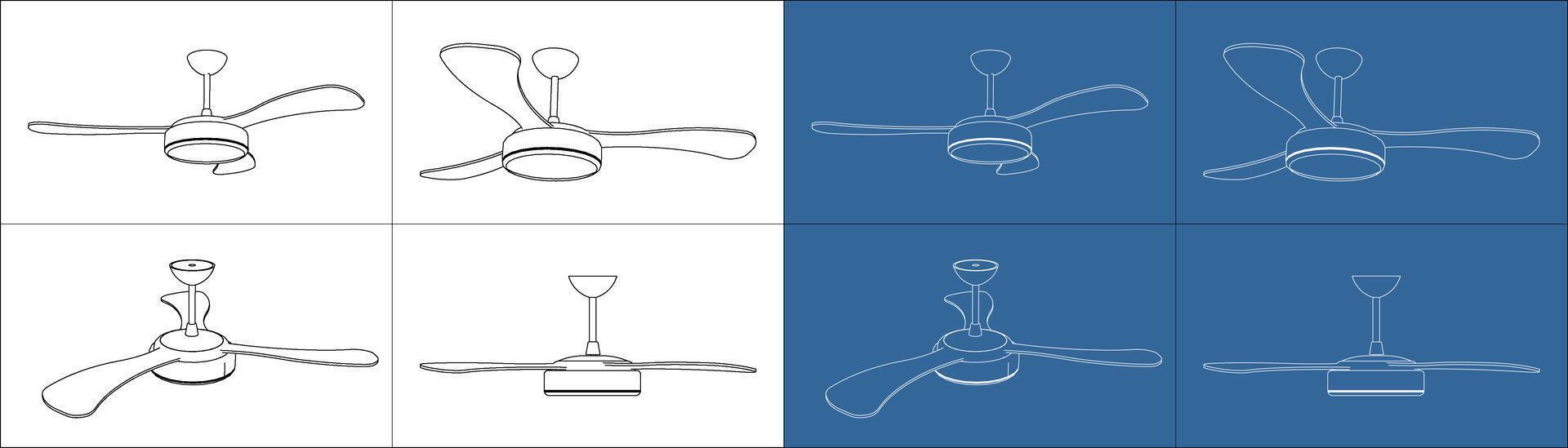 Ceiling Fan Line Drawing Set from several angles vector