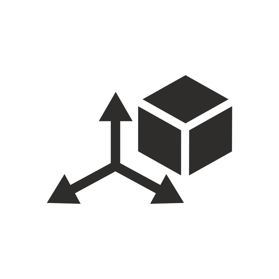 cube with arrows icon, tridimensional coordinate spaces XYZ, 3D space modeling, flat symbol on white background vector