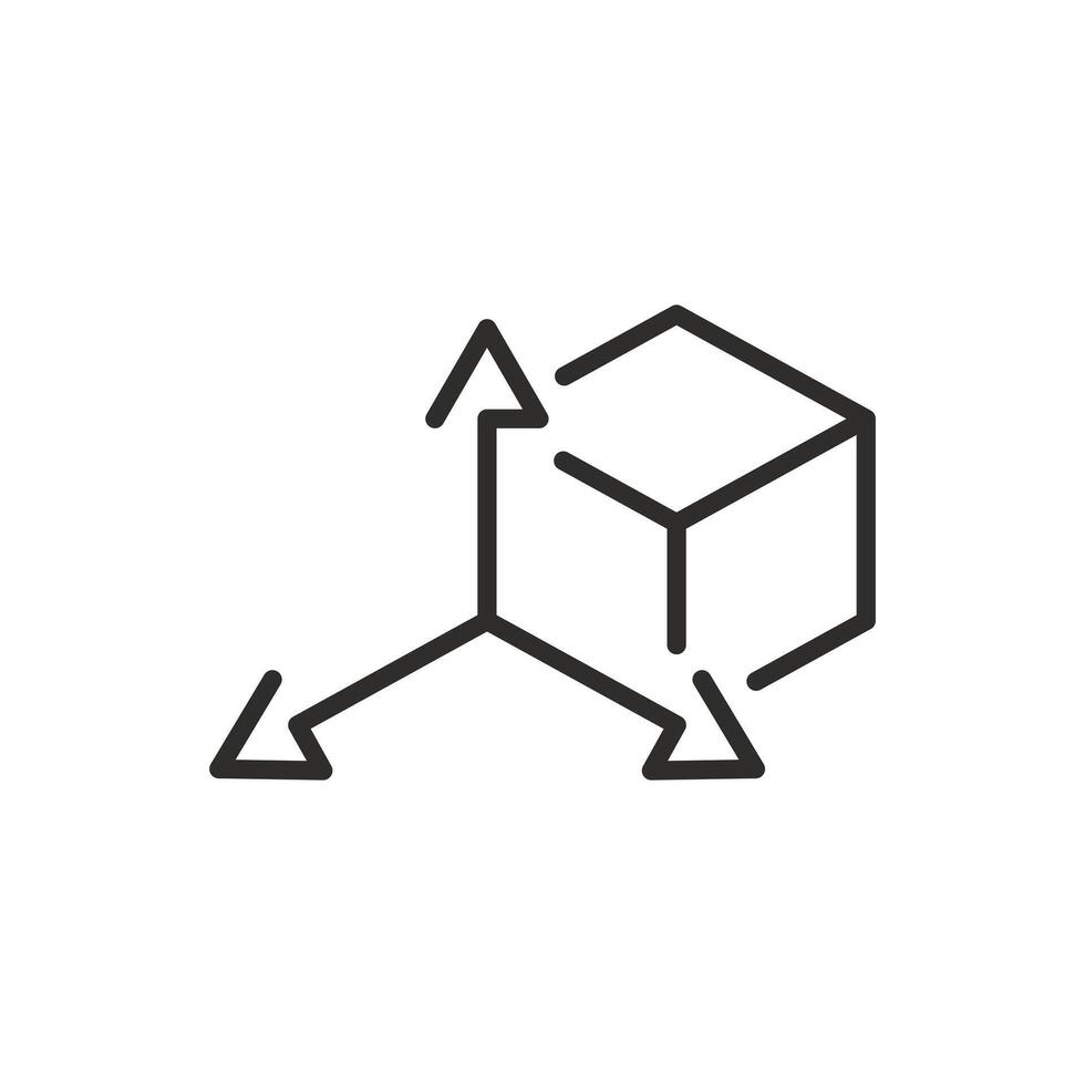 3D space modeling icon, tridimensional coordinate spaces XYZ, cube with arrows, thin line symbol on white background editable stroke illustration vector