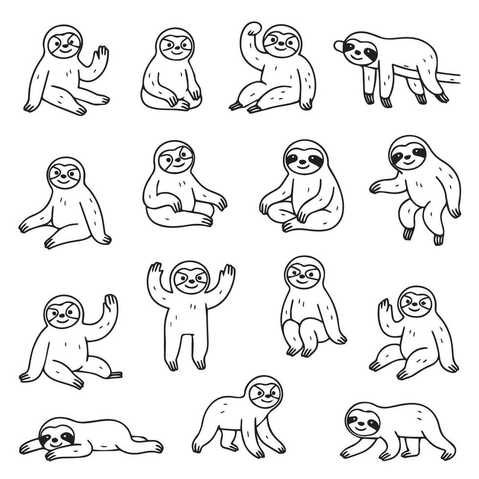 illustration showcasing cute sloths in various poses. Each cartoon sloth is drawn with a simple and playful style, highlighting their relaxed and charming nature. vector