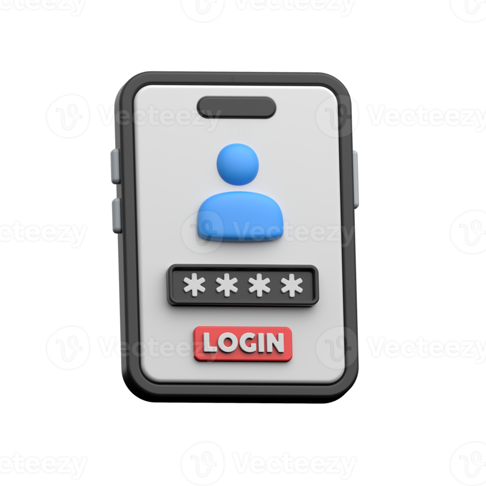 A stylized, 3D render of a smartphone screen displaying a login interface. png