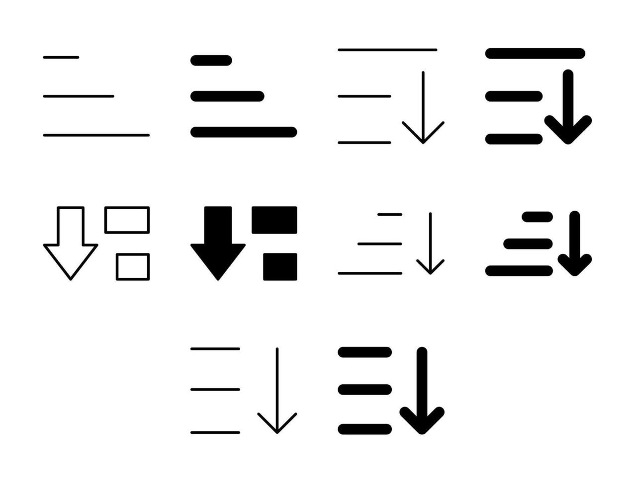 ordenar descendente ui icono conjunto sólido y línea alfabeto datos estilo colección vector