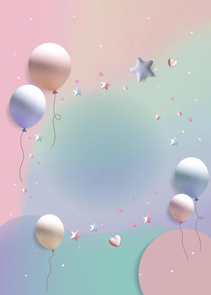 Background in pastel tones. Soft gradient with empty space for text or greeting message. Realistic 3d balloons, stars. Cute festive template vector