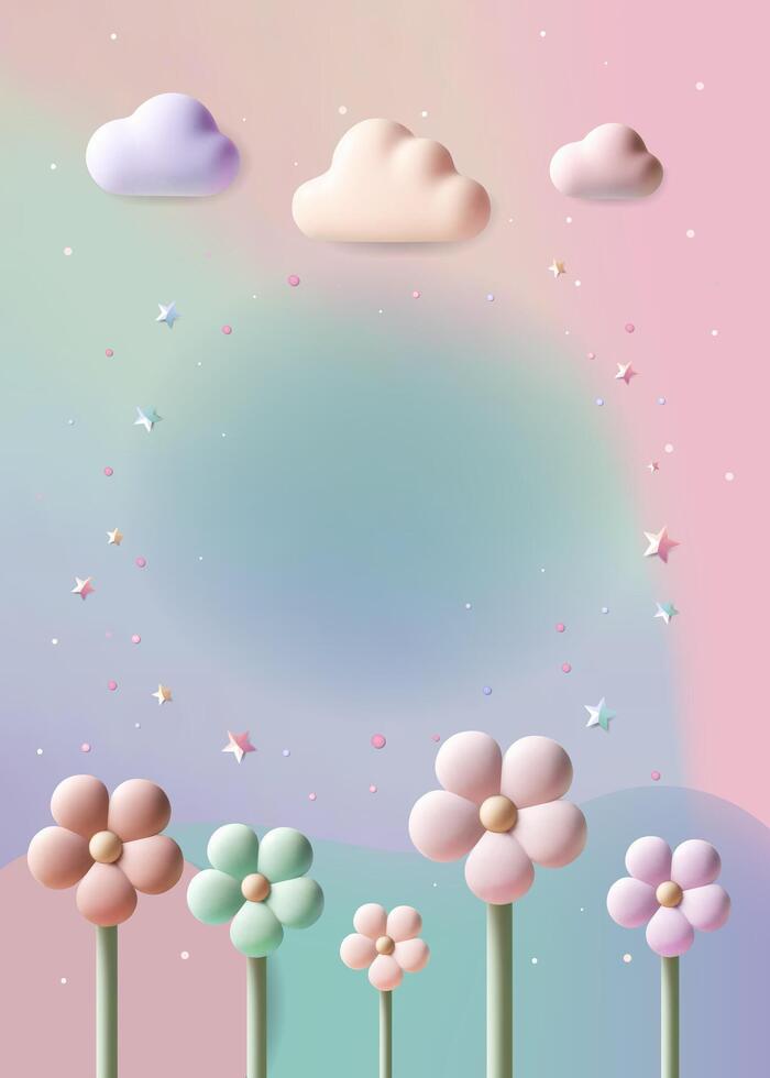 Universal girly background. 3d pastel flowers and clouds, smooth gradient and empty text area. For cards and invitations vector