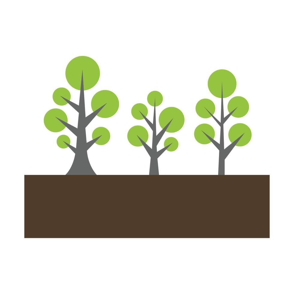 Simple flat of three stylized trees on a patch of dirt on white background vector