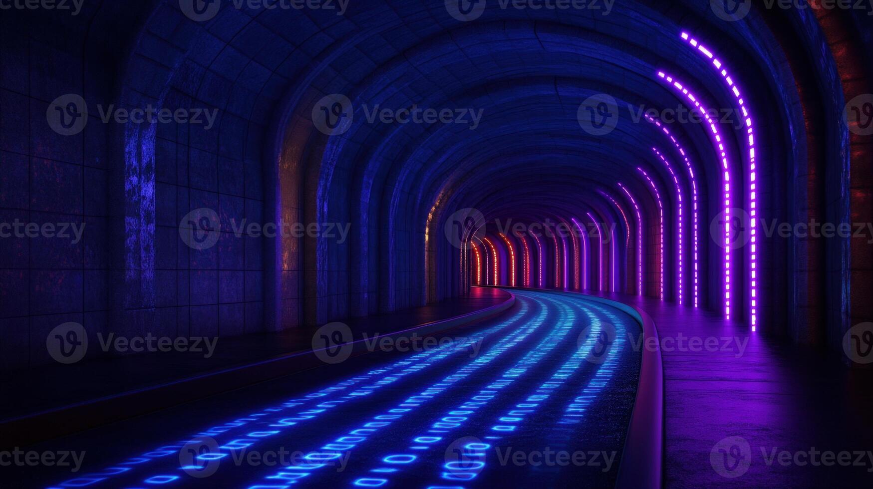 Neon tunnel with binary code pathway photo