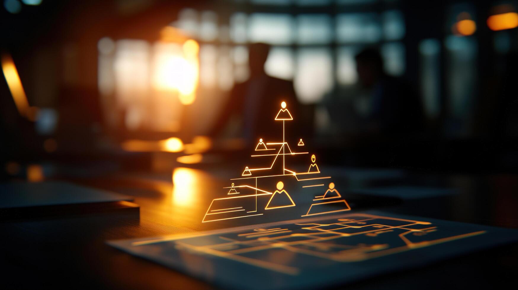 Abstract graphic of hierarchical structure, overlaid on documents in a modern office setting photo