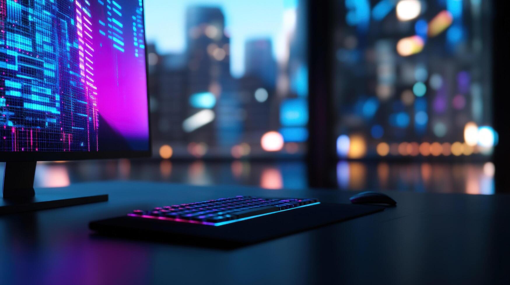 Futuristic modern workspace with computer, keyboard, and mouse, city lights out the window photo