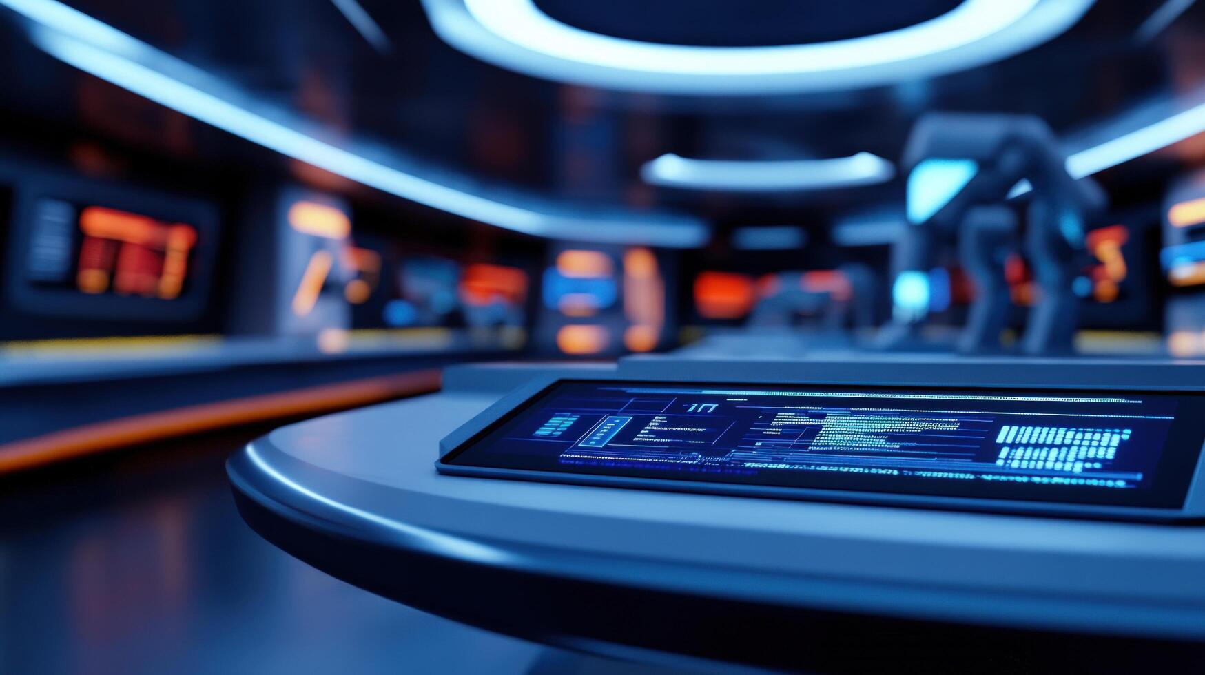 Futuristic control room display robots working, data streams photo