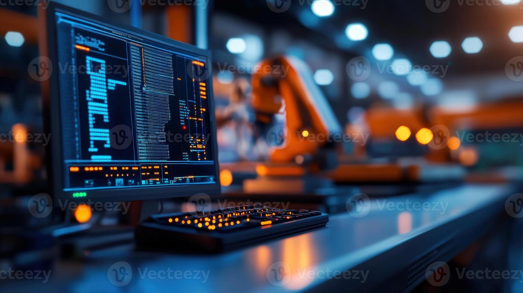 Factory computer control system with robotic arm background photo
