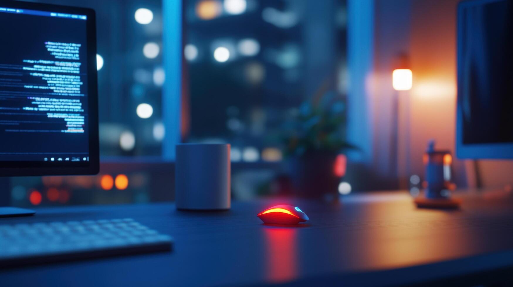 Night coders desk, city view, coding, work photo