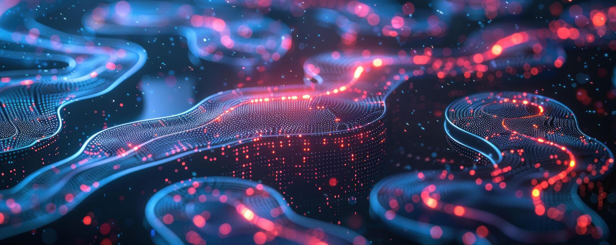 Abstract digital data flow, glowing red and blue, dark background, tech website photo