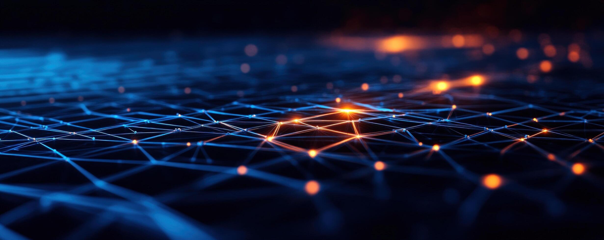 Digital network glowing, nodes connect, dark background, tech concept photo