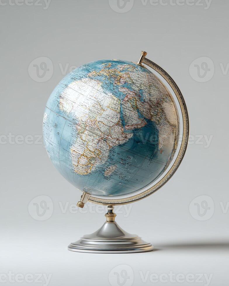 Studio photography of globe isolated on white background with soft side lighting professional setup sharp focus for educational and global concept photo