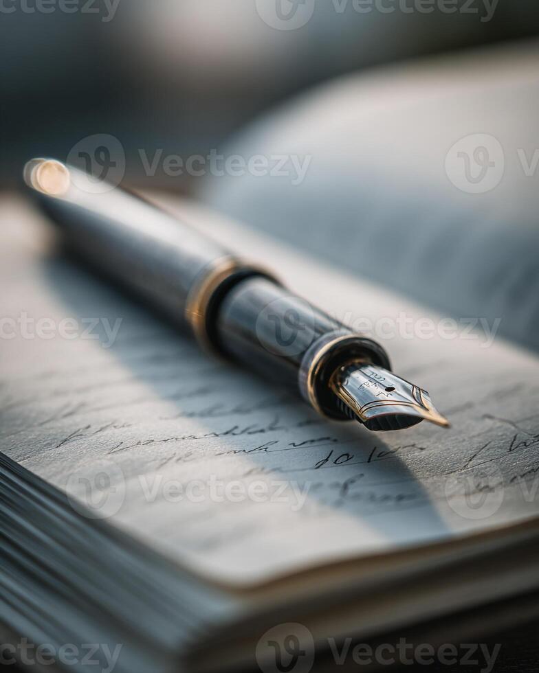 Elegant close up of fountain pen resting on open notebook soft daylight shallow depth of field clean minimalist photography for education and writing concept photo