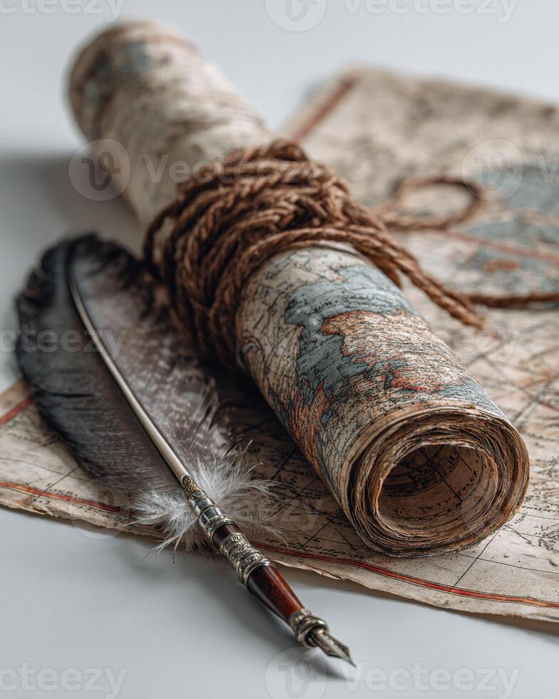Minimalist concept art showing old map rolled with rope and feather quill pen on bright surface symbol of navigation travel and discovery in hyper realistic photo