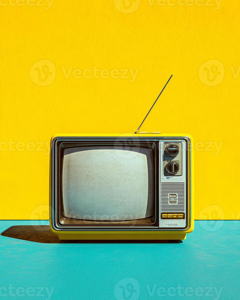 Retro television placed on plain bright backdrop showing static noise on screen clean minimalist design hyper realistic sharp detailed photography in high definition photo