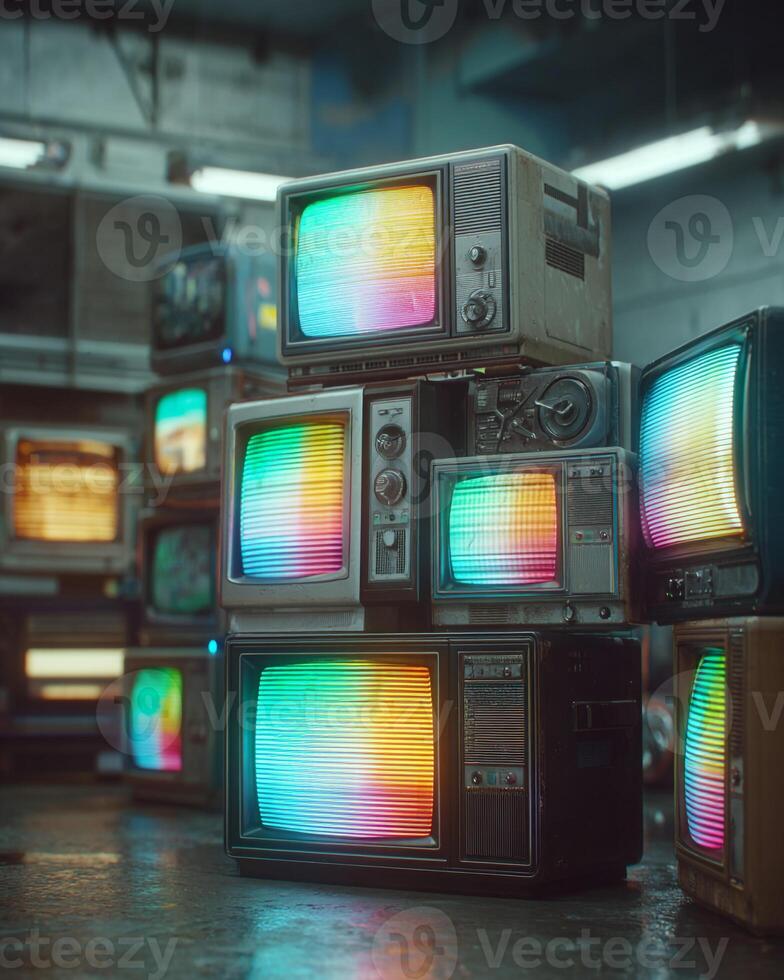 Pile of retro vintage televisions showing static noise on glowing screens set against clean bright minimalist background captured in hyper realistic sharp photo
