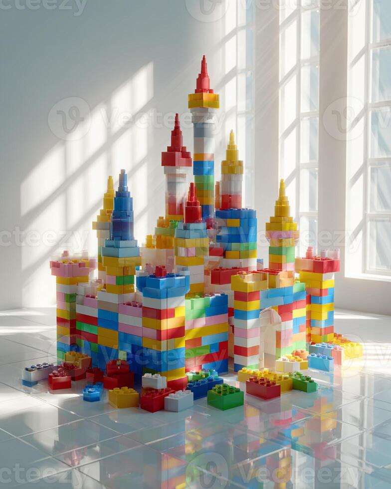Bright minimalist floor with colorful toy castle built from blocks playful sunlight scene symbolizing childhood creativity imagination and joyful learning hyper realistic sharp photo