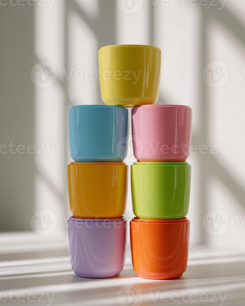 Neatly arranged colorful stacking cups on white desk bright playful background symbolizing childhood joy early learning and playful toys hyper realistic sharp photo