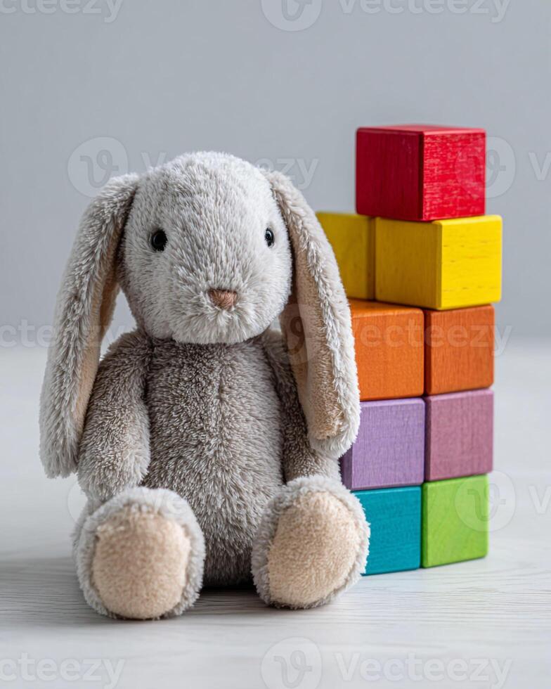 Soft plush rabbit toy sitting beside colorful wooden blocks on clean bright minimalist background symbolizing childhood comfort play and learning environment hyper realistic sharp photo