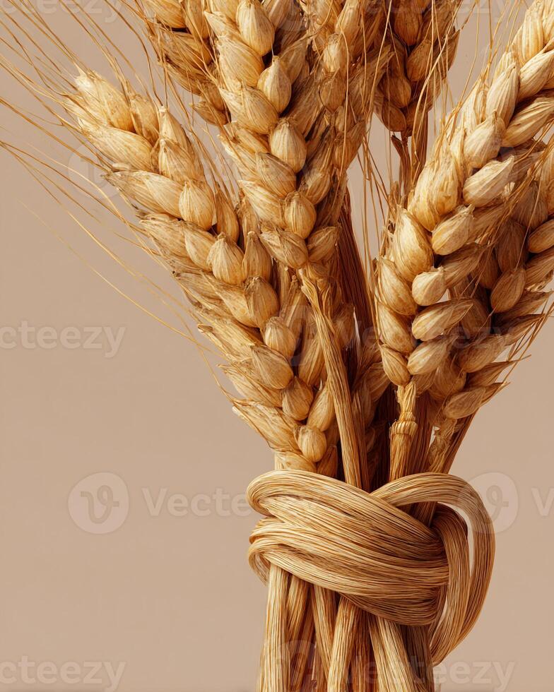 Hyper realistic close up of golden wheat stalks tied together illuminated by bright studio lighting clean minimalist background sharp texture and professional photography photo