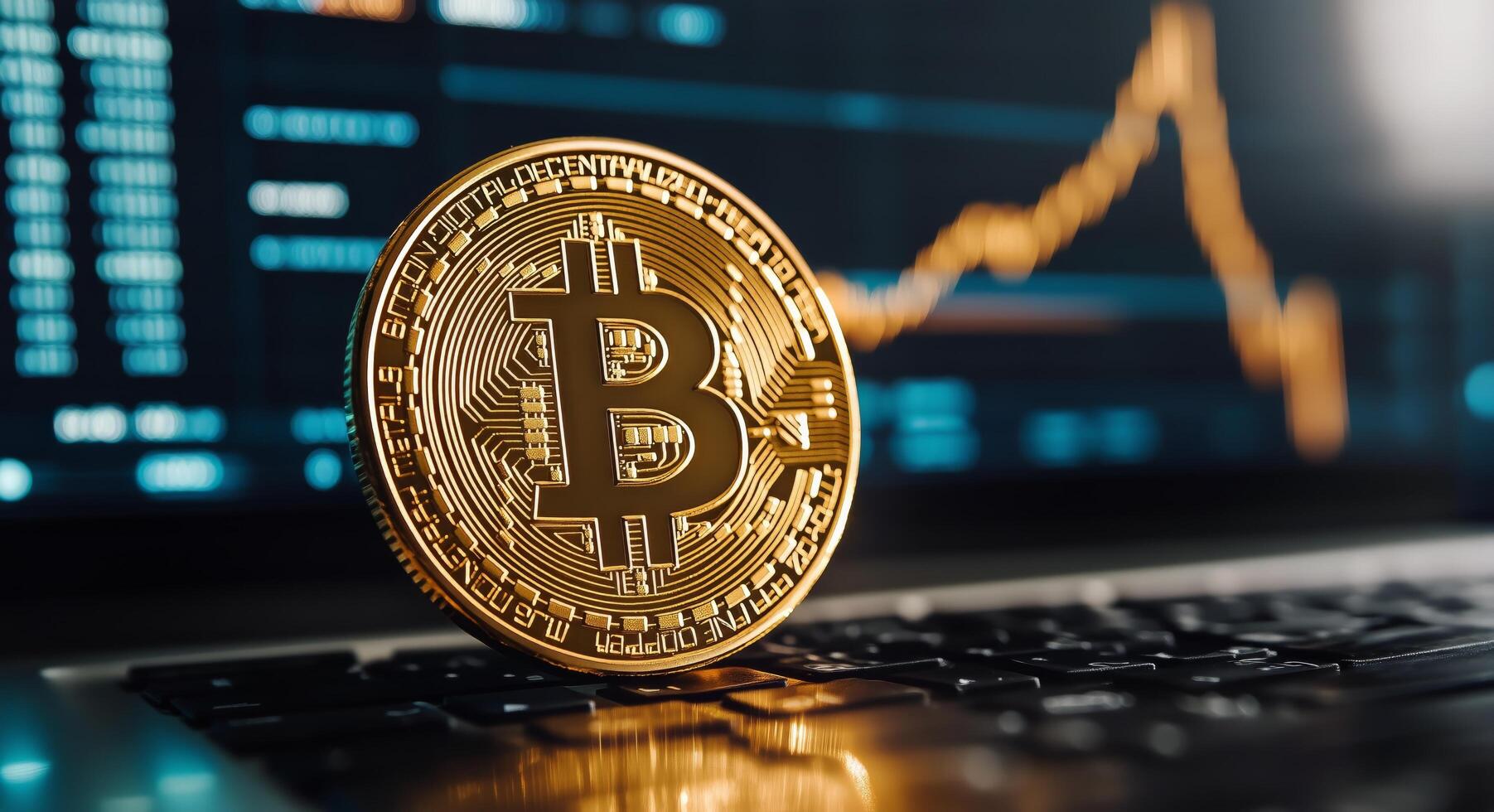 Bitcoin Coin on a Laptop Keyboard With Market Graph in the Background During Trading Hours photo