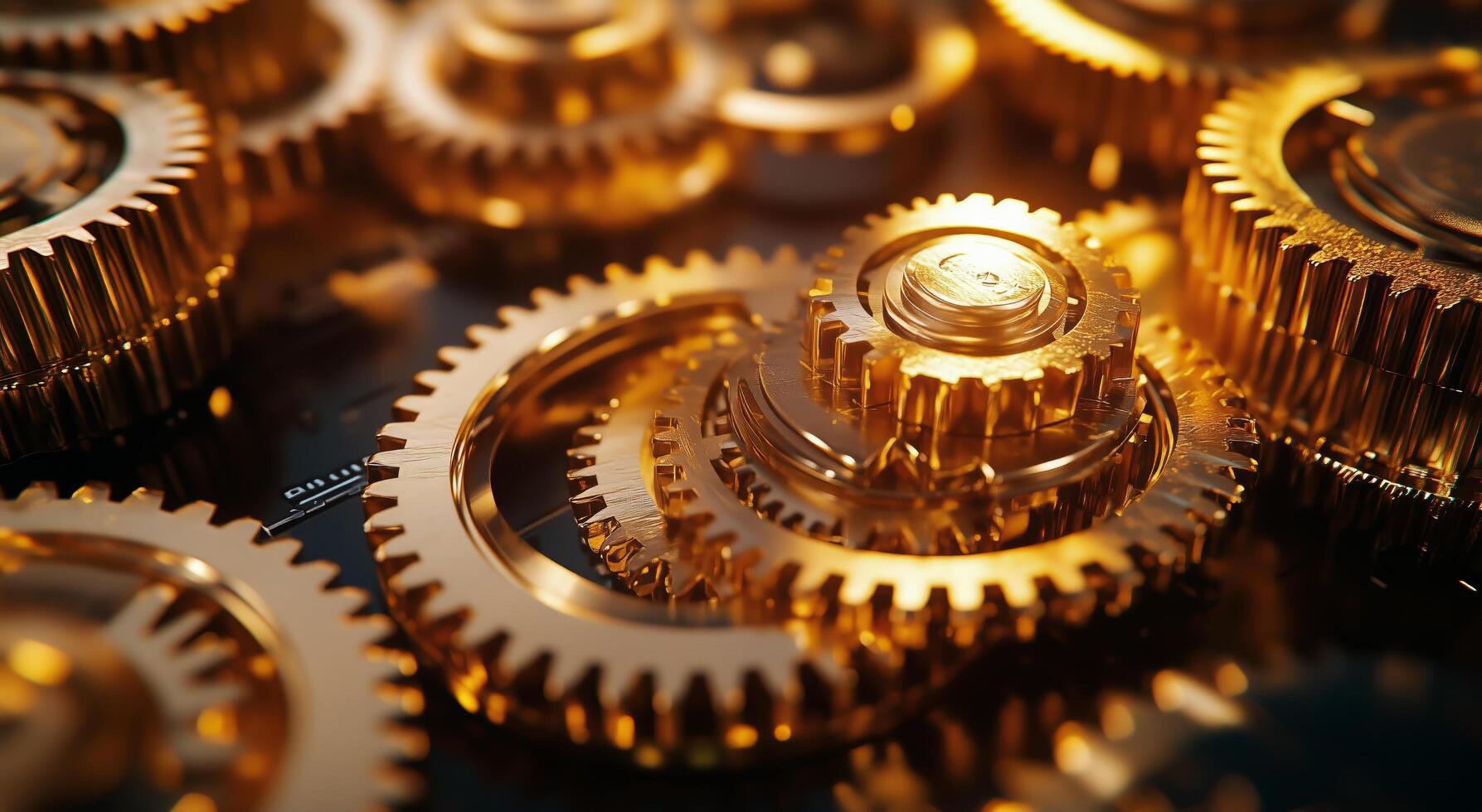 Golden Gears and Cogs Interlocking Intricately in a Mechanical Display at a Workshop photo