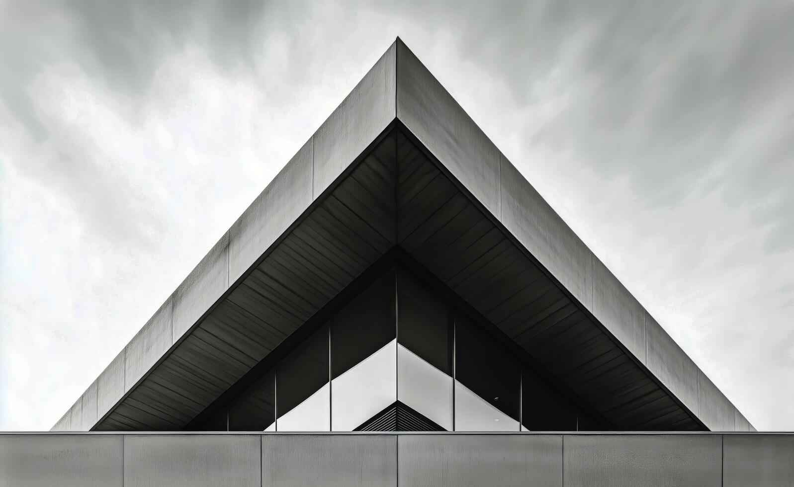 Modern Architectural Design Showcasing Triangular Roof and Large Glass Windows Against Cloudy Sky photo