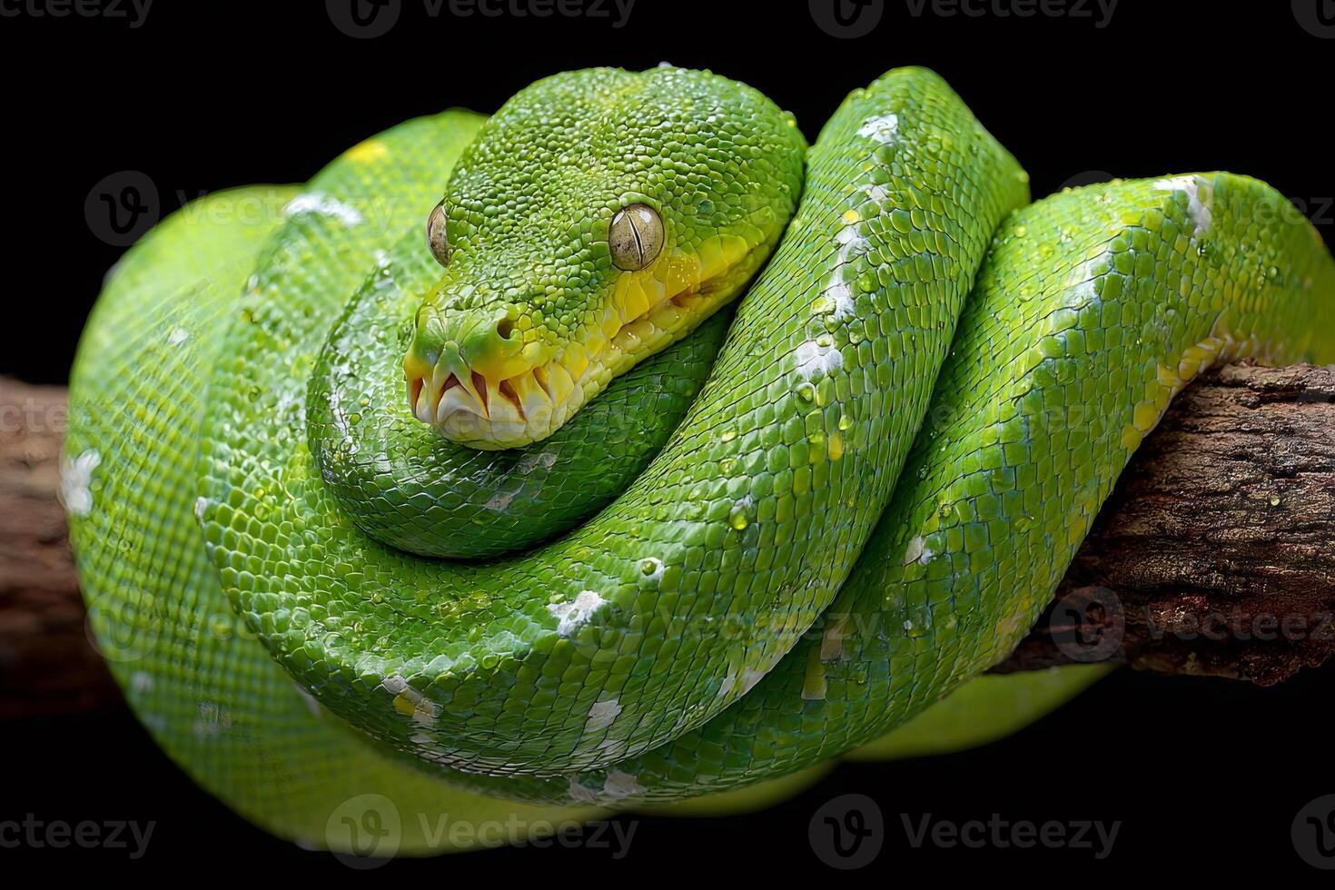 Green tree python resting on a branch, showing its scales and fangs photo