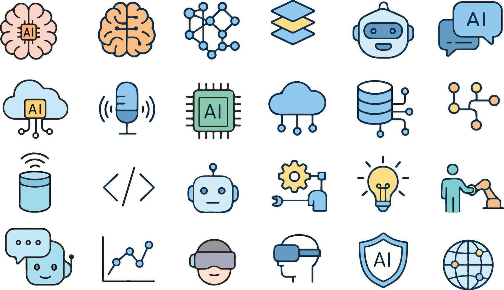 Artificial Intelligence Line Icons Set AI, Neural Network, Machine Learning, Programming, Robotics, Technology art Pack vector