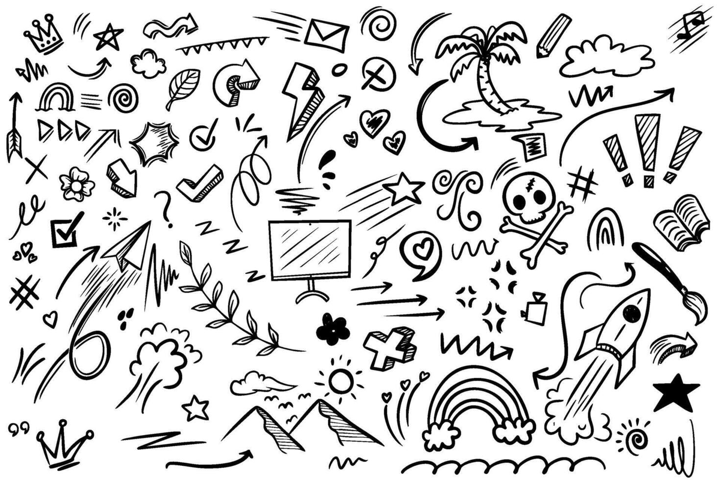 Line arrow icon element set. Hand drawn sketch star, heart marker pen stroke circle, scribble highlight underline elements. vector