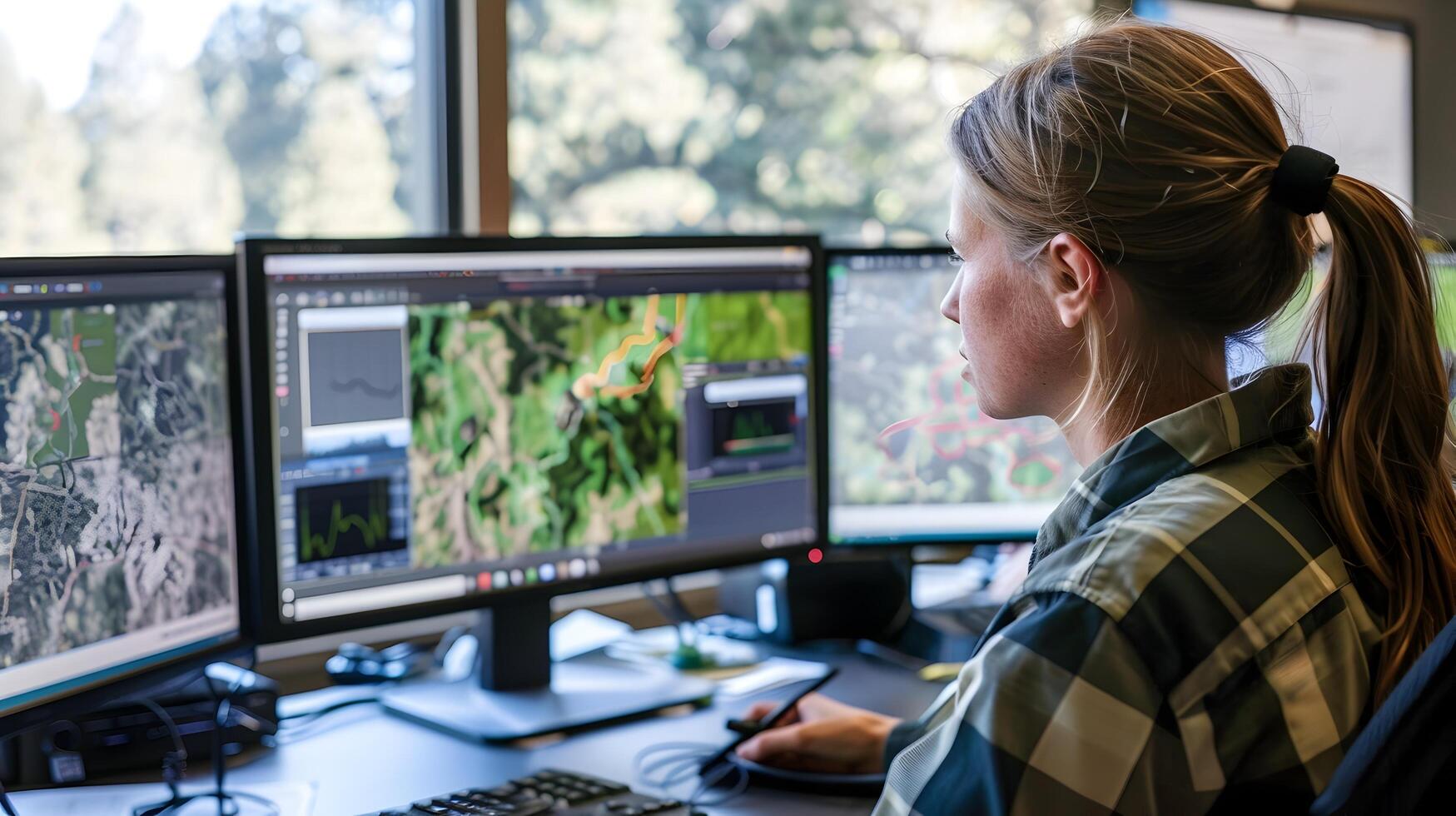 Environmental Scientist Utilizing GIS Data to Strategize Conservation Efforts and Map Vital Areas Across Multiple Screens photo