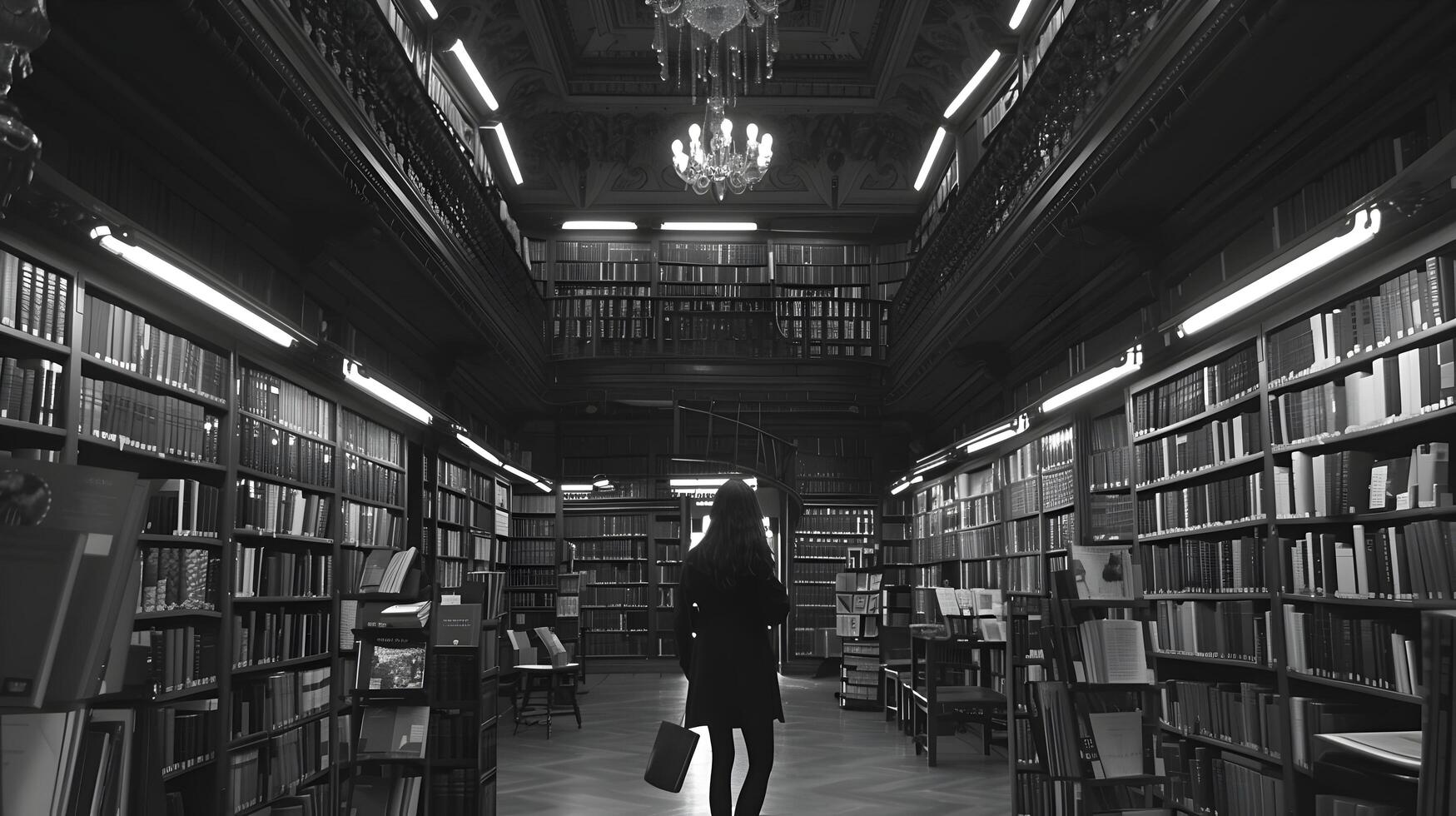 Serene Library Scene with Rows of Books and a Solitary Reader Immersed in the Quiet Contemplation of Knowledge and Wisdom photo