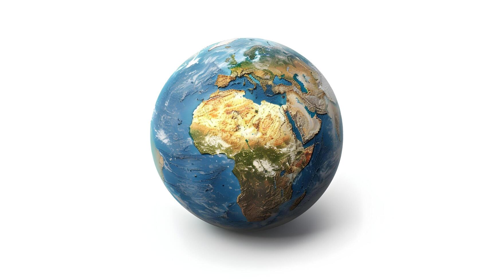 3D Rendering of a Detailed Globe Depicting Continents and Oceans on a White Background,Emphasizing Worldwide Connectivity and Internationality photo