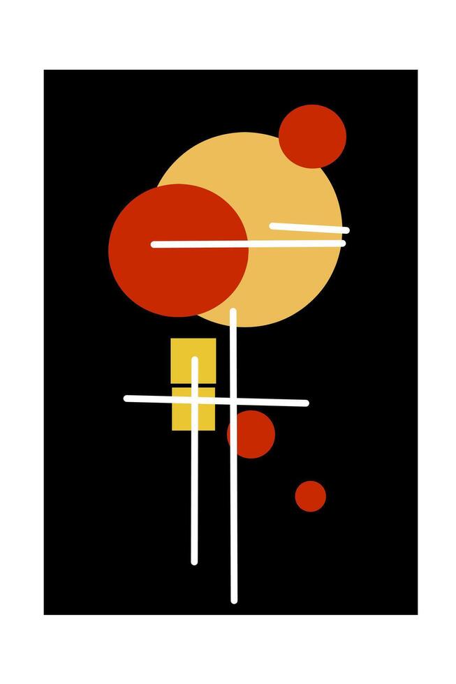 Minimalist abstract design featuring large yellow and red circles with intersecting white lines and smaller red circles on a solid black background. vector