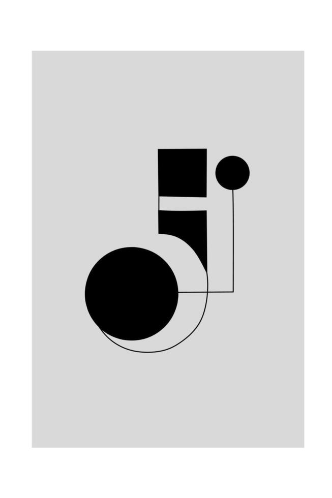 Minimalist abstract design featuring black geometric shapes including circles and squares connected by thin black lines on a light grey background. Modern art. vector