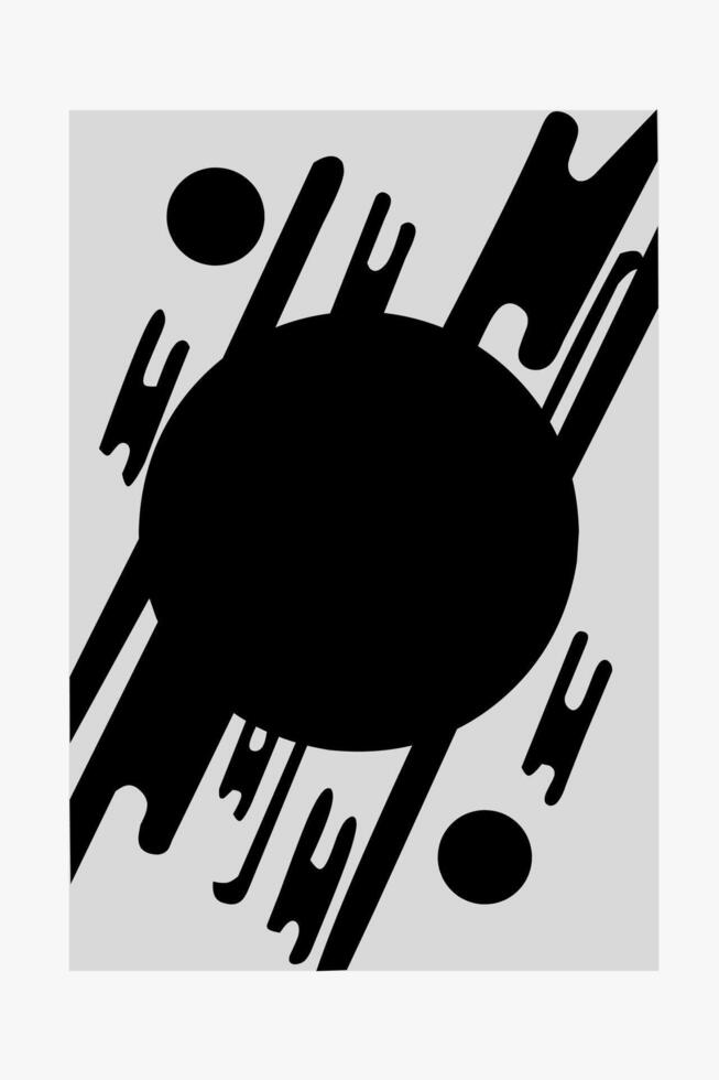 Black and white abstract design featuring a large central circle surrounded by dynamic curved patterns and elongated lines on a light gray background. vector