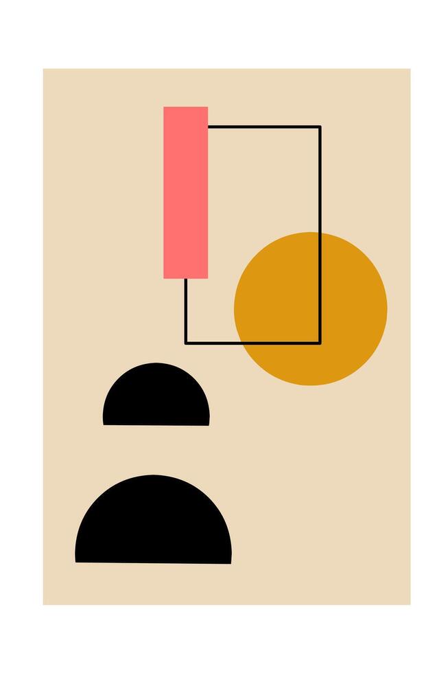 Minimalist abstract design with black semicircles, orange circle, pink rectangle, and thin black lines on beige background. Modern, clean, geometric, and balanced. vector
