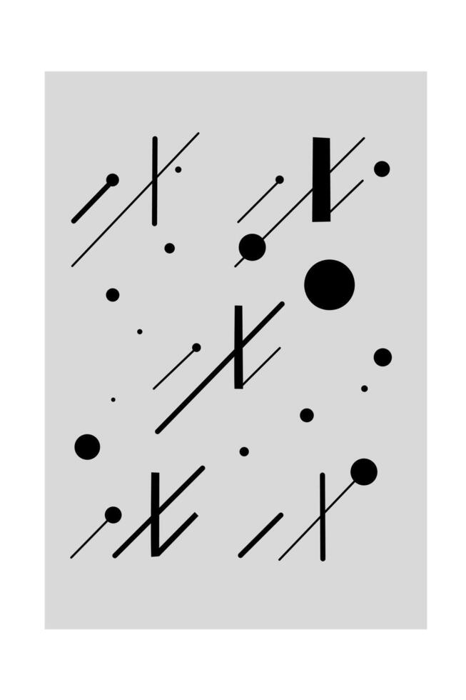 Minimalist abstract artwork with scattered black geometric shapes, lines, and dots on a light gray background, creating a dynamic and balanced composition. vector