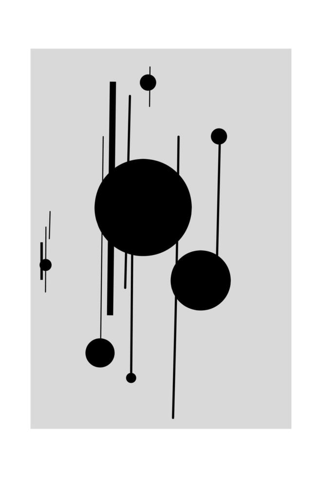 Minimalist abstract design with black circles of varying sizes connected by thin vertical lines on a light gray background. Modern, clean, and visually striking. vector