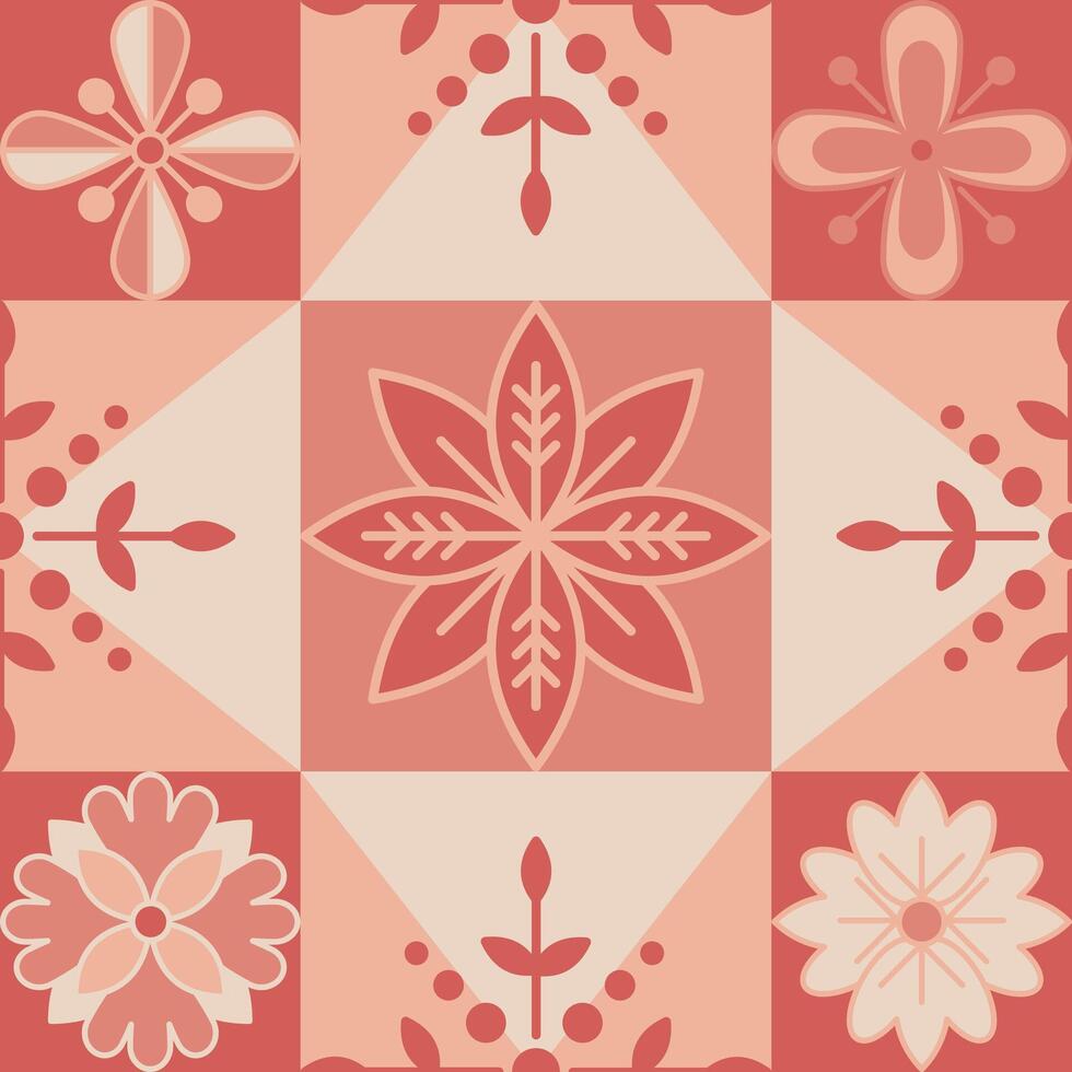 A beautiful pattern of floral tiles in shades of red and cream, creating a seamless background. The tile design features intricate floral arrangements vector