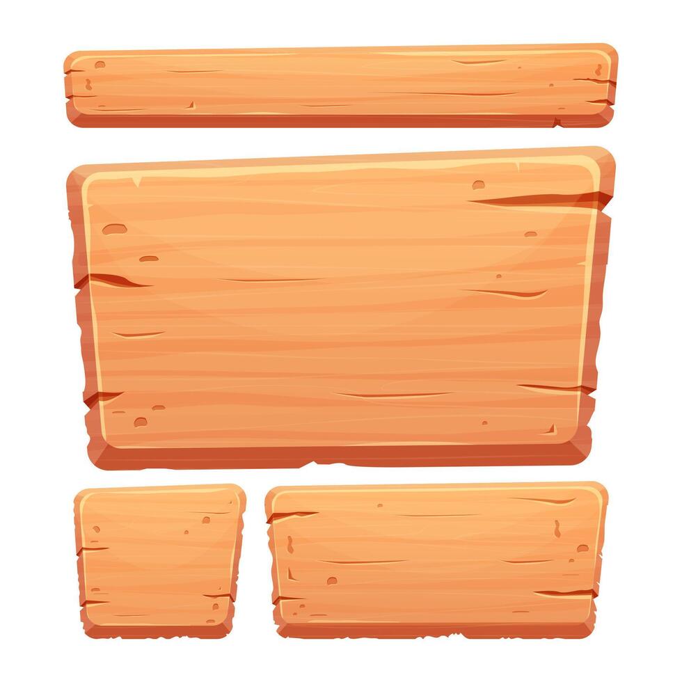 Wood button in cartoon style with cracked details isolated on white background. Game assets, ui interface, menu. Collection of different shapes for application. vector