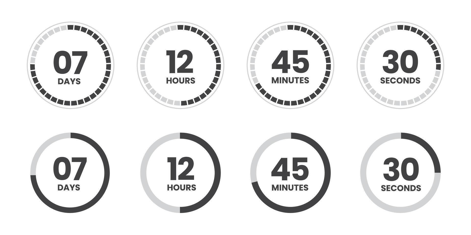 Set of modern circle countdown timers designed as a time remaining illustration template. vector