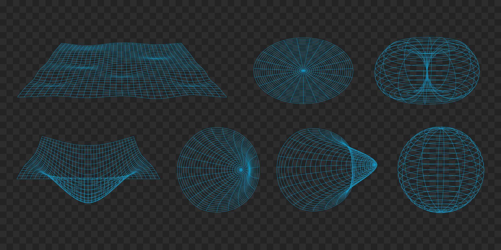 Blue wireframe geometry dimension geometric shapes 3d modeling mathematical topology surface sphere torus ellipsoid parametric curves mesh on isolated background vector