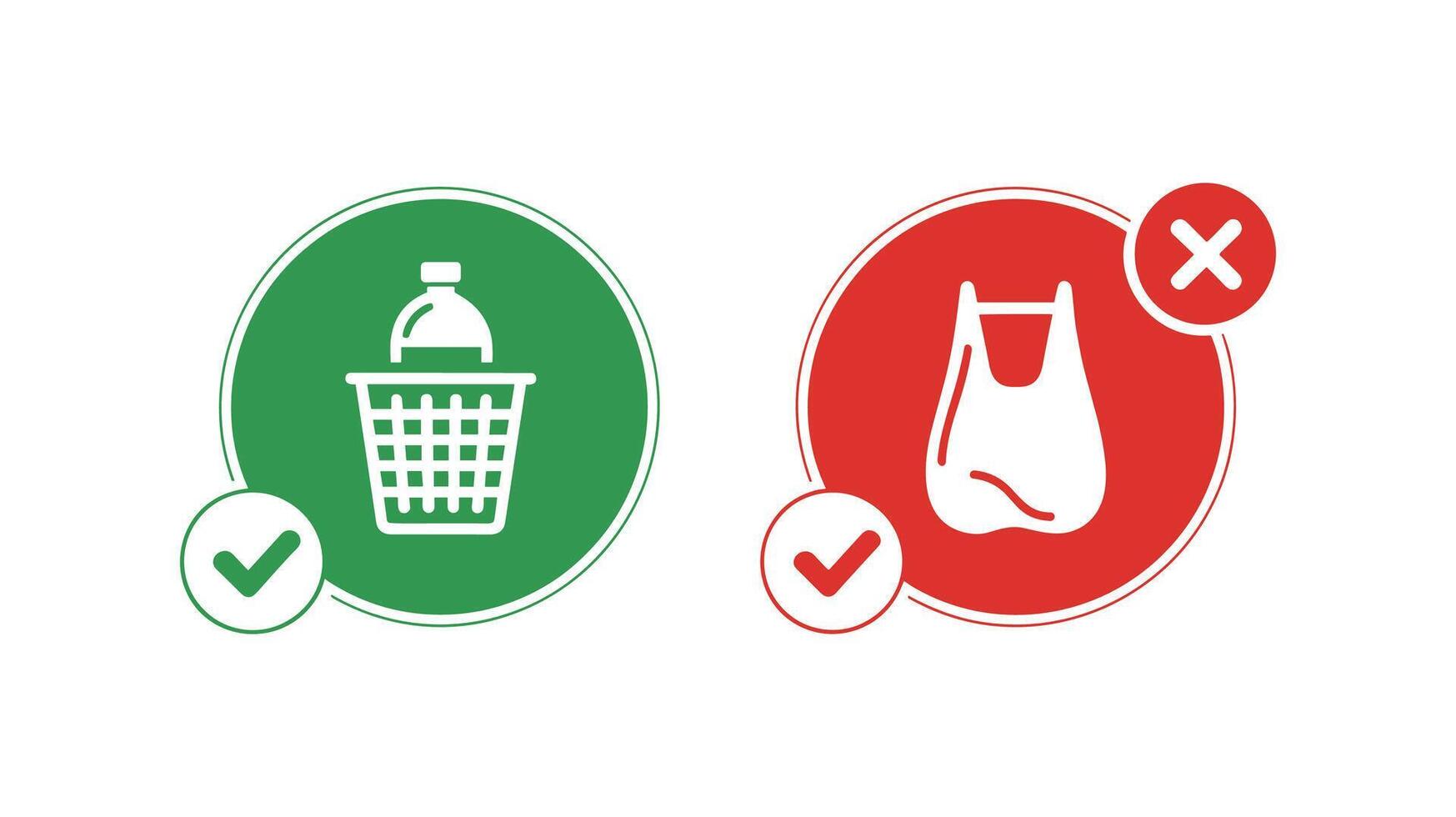 Icons showing a plastic bottle in a trash can with a checkmark and a plastic bag with a cross mark garbage vector