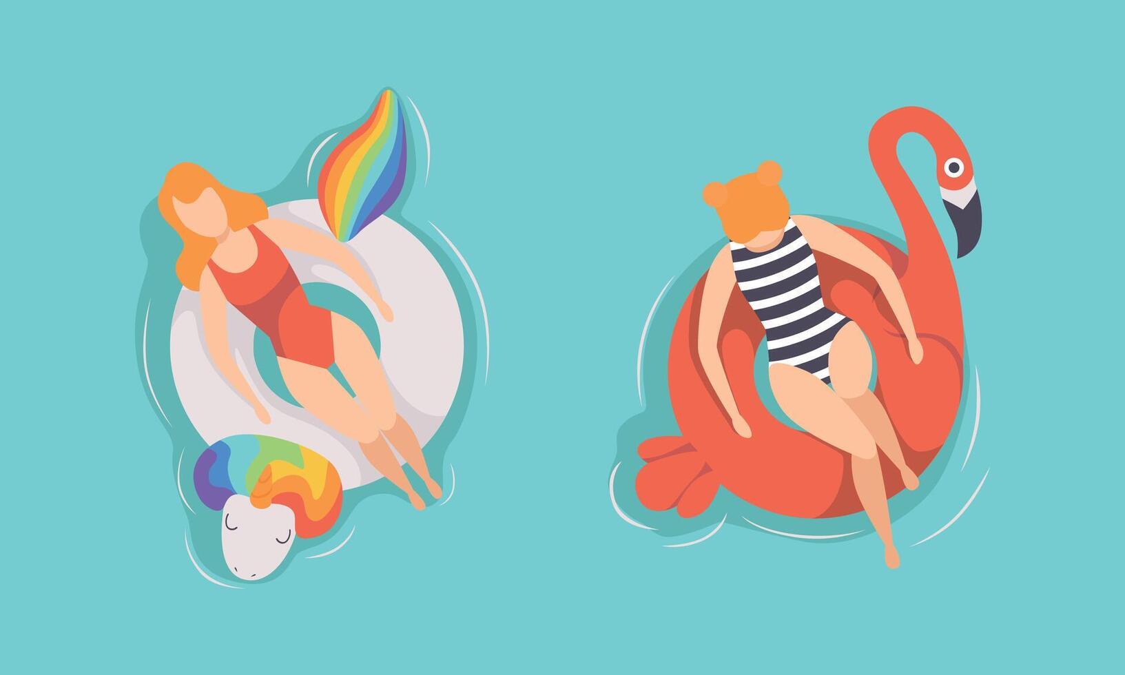 Top View of People Relaxing on Inflatable Swimming Pool Floats Set, Girl in Bikini Sunbathing on Inflatable Flamingo and Unicorn Flat Illustration vector