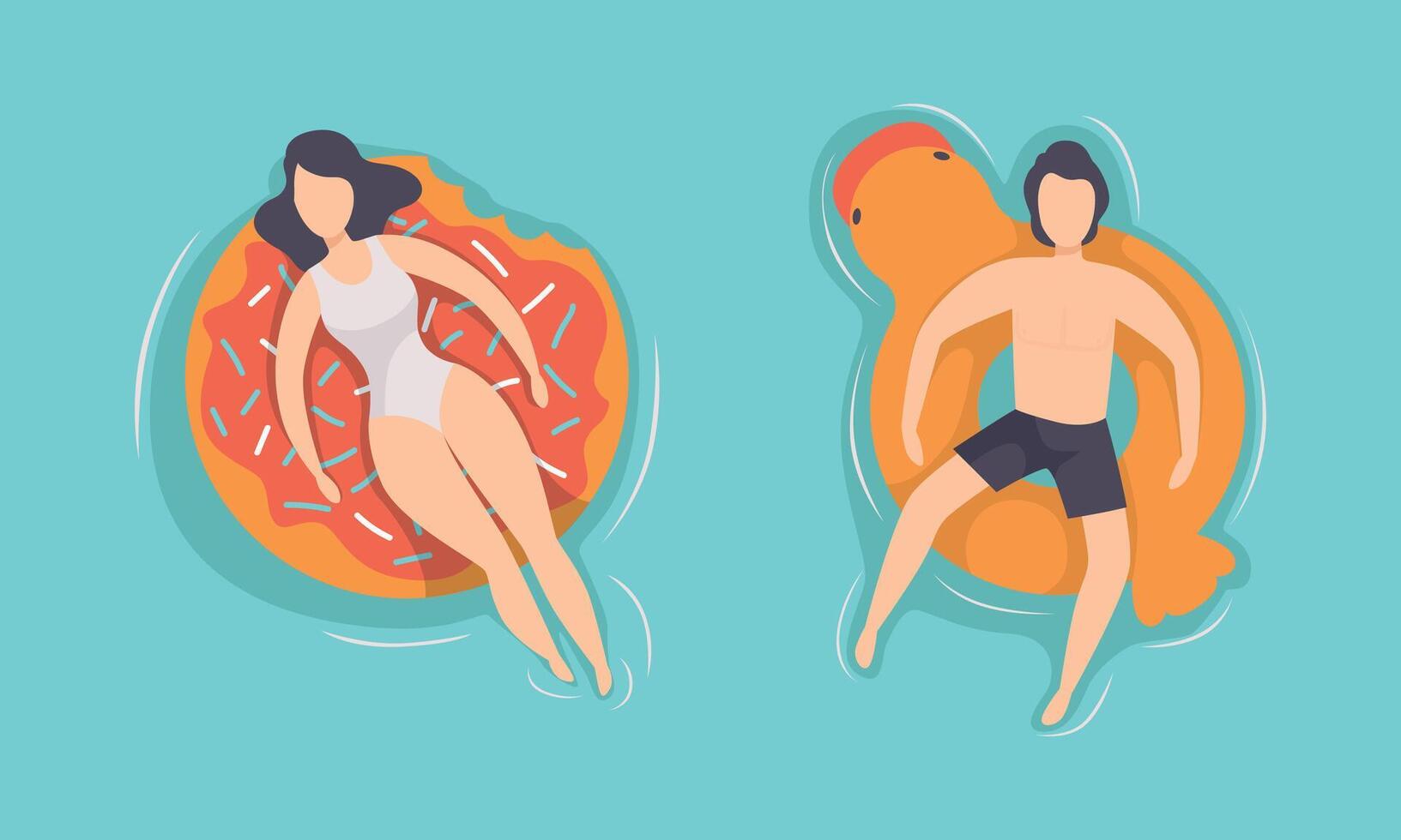 Top View of People Floating on Air Mattress in Swimming Pool Set, Tourists Relaxing and Sunbathing on Inflatable Rings Flat Illustration vector