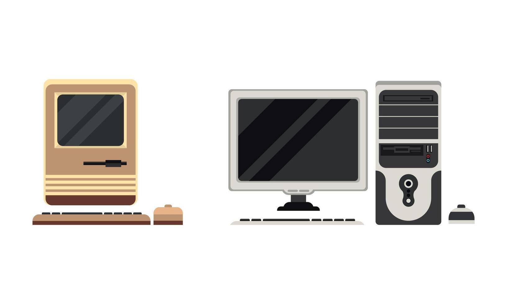 Set of Retro Personal Computers, Old Office Workspace Devices, Pc Monitor with Keyboard and Mouse Flat Illustration vector