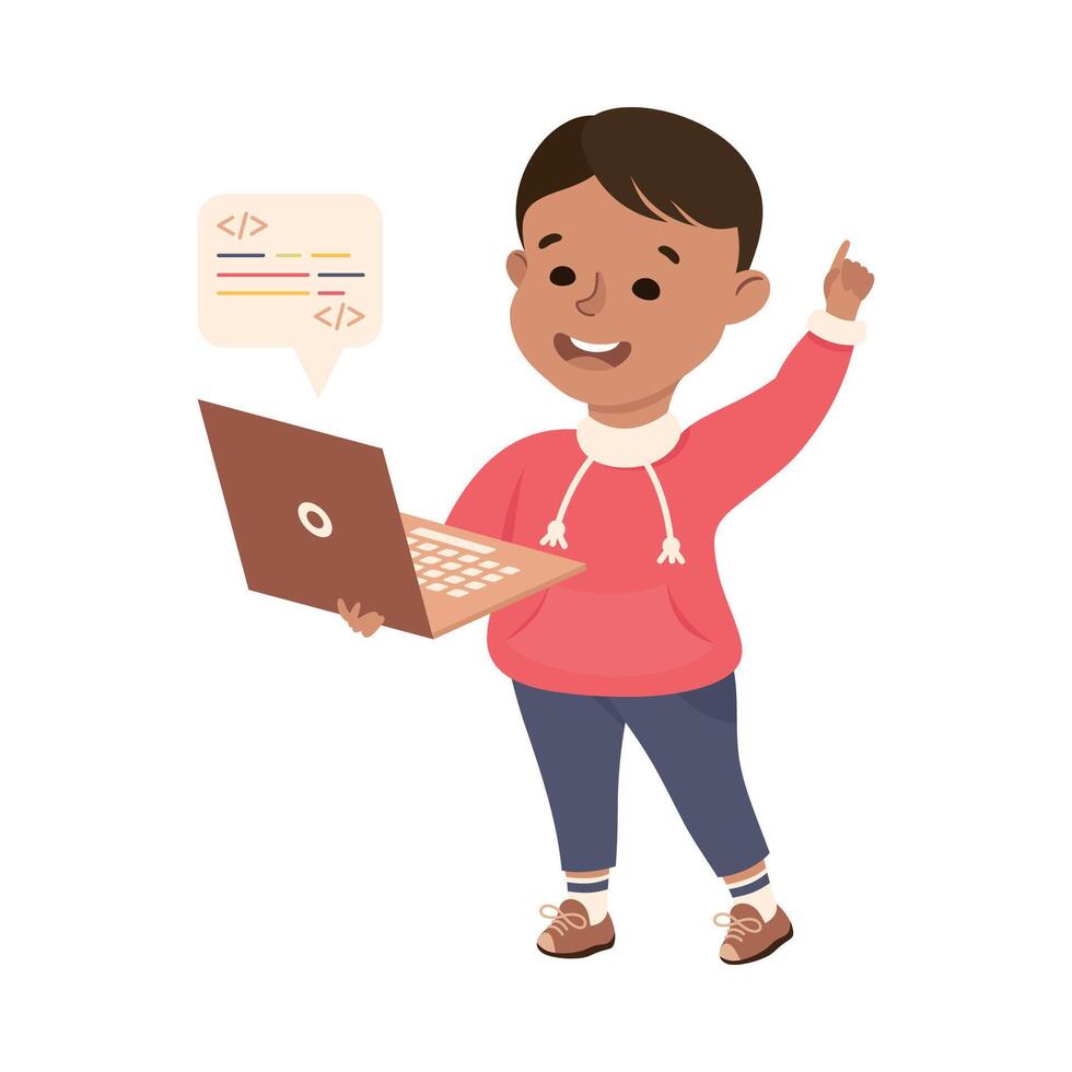 Little Boy with Laptop Representing Software Specialist or Coder Profession Illustration vector